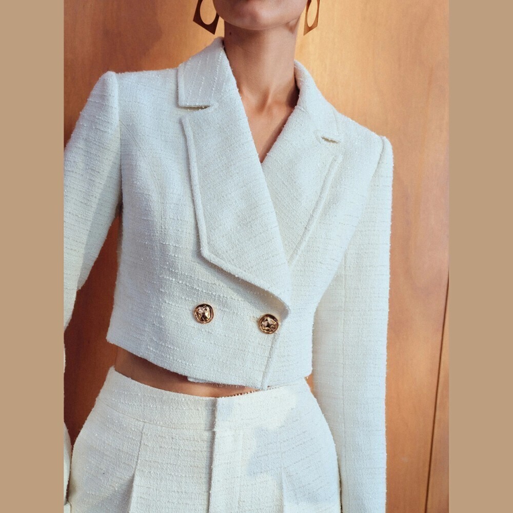 White Textured Tweed Double Breasted Cropped Blazer w/ Gold Hardware